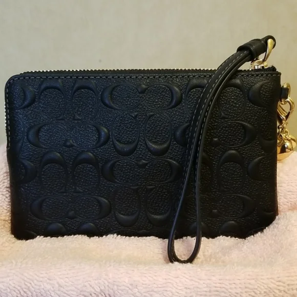 Coach Corner Zip Signature Leather Wristlet Black-Gold tone Hardware- 2 Charms - Picture 3 of 7